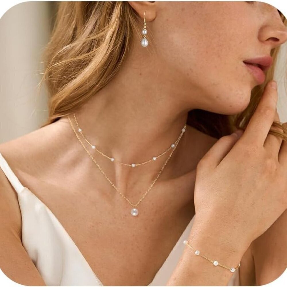 Gold Jewelry Set Women Pearl Necklace Earrings Bracelet Dainty Layered
